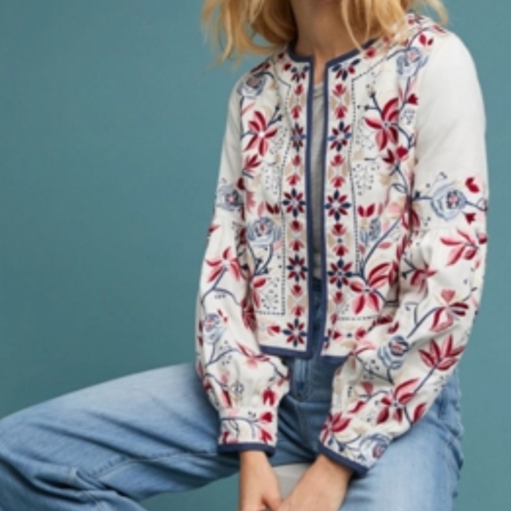 Cream and Red Embroidered Floral Blazer